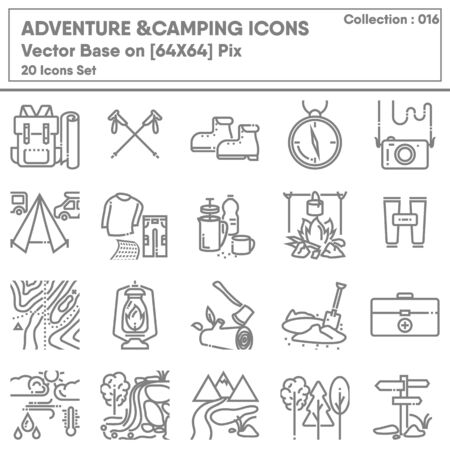 Adventure Backpack and Activity Camping Outdoor Icon Set, Leisure Activity Campfire Travel Picnic in The Nature Park. Survival Hiking and Outdoors Camping Icons Vector Design, Natural Adventureのイラスト素材