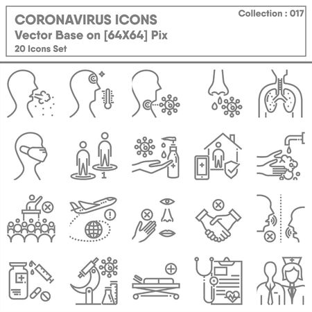 Coronavirus Covid 19 Crisis Infection Icon Set, Medical Health Care Infographic and Icons Symbol Design for Medicine Corona Virus Hospital Laboratory. Emerging Disease Pandemic Covid Virus Icons.のイラスト素材