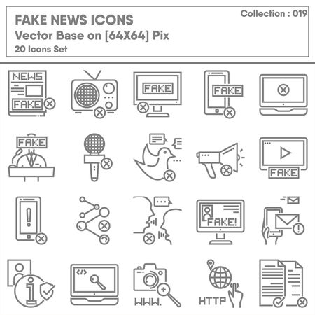 Fake News Journal of Social Media Icon Set, Propaganda False Forum Information Sharing Digital Online Collection Concept. Journalism Article Communication Fake News of Socials Issue.のイラスト素材