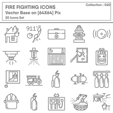 Firefighting and Fire Protection System Safety Icon Set, Firefighter Equipment Tools for Building Fire Prevention Systems. Accident Security Department Symbol Icons Design. Emergency Crisisのイラスト素材