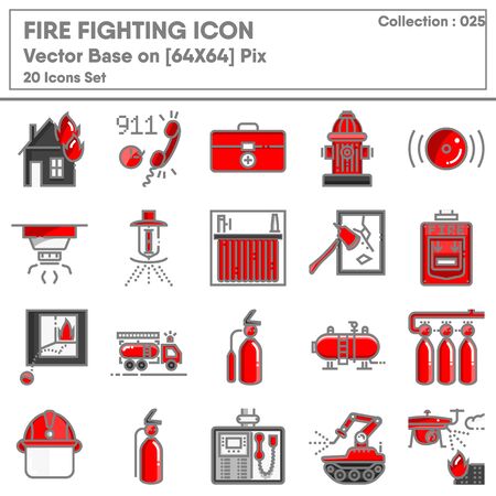 Firefighting and Fire Protection System Safety Icon Set, Firefighter Equipment Tools for Building Fire Prevention Systems. Accident Security Department Symbol Icons Design. Emergency Crisisのイラスト素材