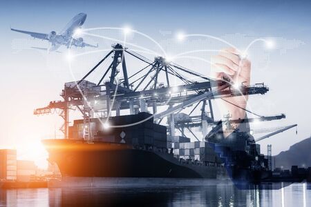 Maritime Shipping Import/Export Transportation Network, Business Logistic Industry and Global Containers Shipment Trading. International Freighters Transport of Business Commercial Trade Logisticsの写真素材