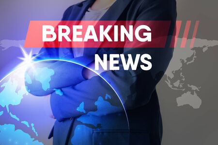 Breaking News Headline for Broadcast Presentation Background, Journalism Report Broadcasting and Global News Communication. Break News Reporter With Graphic Media Backdropの写真素材