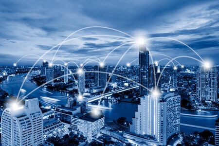 Technology Network Connect and Intelligence Smart City, Communication 5G Networking for Global Business Futuristic. Digital Big Data Connection Via Technology Telecommunication 5G, Community Connect.の写真素材