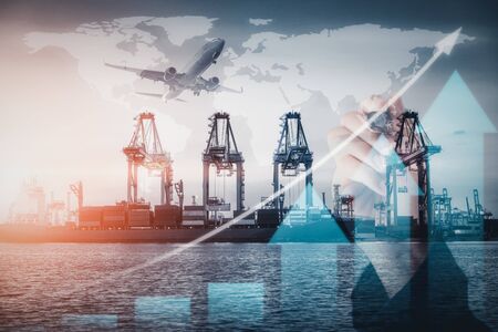 Growth Business Transportation and Container Shipping Terminal Loading Dock, Containers Import and Export of Freighter Transport Industrial. Maritime Port Shipment Cargo Shipyard of Logistics Industryの写真素材