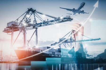 Business Logistic Transportation Container Shipping Terminal Loading Dock, Containers Import and Export of Freighter Transport Industrial. Maritime Port Shipment Cargo Shipyard of Logistics Industryの写真素材