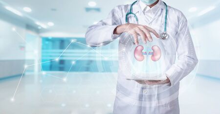 Medical Surgeon Doctor Diagnosis Patients Kidneys Via Media Hologram Tablet in Examination Room, Medicine Urologist Doctors is Examining Patient Kidney on Technology Holograms. Health Care/Doctorの写真素材
