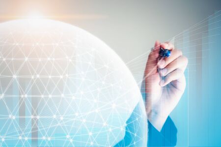 Businesswoman Marking Strategic Future Marketing on Virtual Screen for Presentation Business Plan, Strategy Target Report of Market Worldwide Management for Financial Investment. Business Financeの写真素材