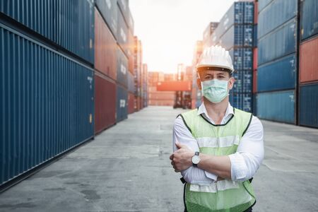 Transport Engineer Man Wearing Medical Face Mask for Prevention Coronavirus Epidemic Situation in...