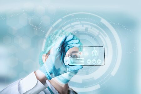 Medical Doctor Diagnosis Coronavirus Covid-19 Patient Health Report on Digital Interface Virtual Data in Laboratory Hospital. Futuristic Medicine Doctors Corona Virus Infection Examination, Healthcareの写真素材