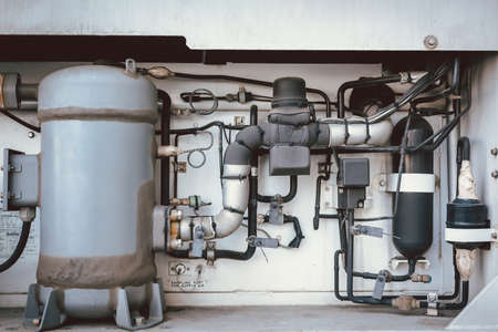 Cooling Refrigeration System Engine for Frozen Container of Transportation Industry, Air Conditioning Temperature Controller for Trailer Containers Vehicle Truck. Industrial Transportの写真素材