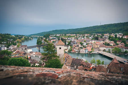 Cityscape Old Town and Historic Buildings of Schaffhausen City, Switzerland, Beautiful Ancient Church and Architecture of Swiss Culture at Daylight. Travel Historical and Famous Place of Switzerlandの写真素材
