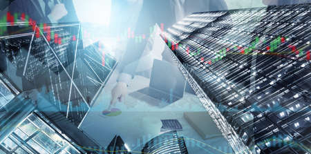Business Property Development and Investment Concept, Double Exposure of Business Team While Meeting and Cityscape Buildings. Goal Business Executive Marketing of Successful Entrepreneurの写真素材