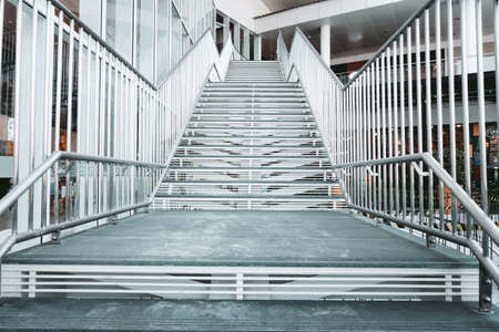 Staircase Stainless Steel of Shopping Mall, Modern Indoor Stairway and Interior Decoration in Shopping Supermarket. Architecture Perspective View of Empty Luxury Metal Steps Staircaseの写真素材