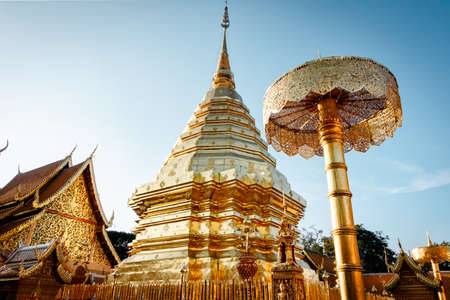 Beautiful Majestic Gold Pagoda of Spirituality Worship Place in Thailand. Historical Ancient Temple With Architecture Art of Doi Suthep, Chiang Mai. Thai Cultural and Travel Destination of Thailand.の写真素材