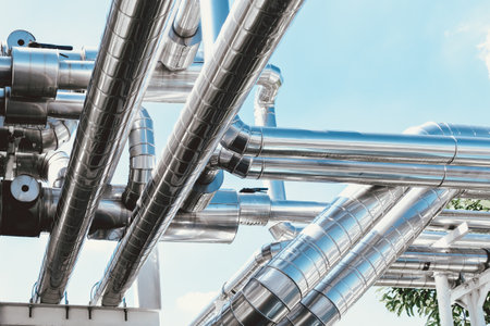 Cooling Chiller or Steam Pipeline and Insulation of Manufacturing in Oil and Gas Industrial, Petrochemical Distribution Pipe at Refinery Plant. Overhead Steel Pipe Support on Blue Sky Background.の写真素材