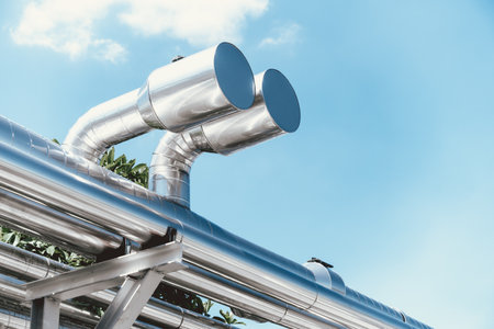 Cooling Chiller or Steam Pipeline and Insulation of Manufacturing in Oil and Gas Industrial, Petrochemical Distribution Pipe at Refinery Plant. Overhead Steel Pipe Support on Blue Sky Background.の写真素材