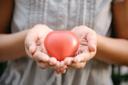 Health Care and CSR Insurance Concept, Female Hands Holding Red Heart Shape for Organ Donation. Healthy Wellbeing and Life Balance Concepts. Help Donate Heart and Blood Supportの写真素材