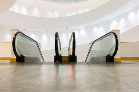 Stairway Electric Escalator of Airport Exhibition Hall, Modern Indoor Escalators and Interior Decoration in Shopping Mall. Perspective View of Empty Luxury Staircase Escalator, Facility Buildingの写真素材