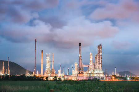 Crude Oil and Gas Refinery Plant of Manufacturing Petrochemical, Process Production Line of Oil/Gas Industry. Processing Oil Product Building of Chemical Petroleum Factory, Heavy Industrial Sector.の写真素材