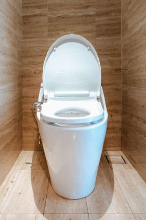 Toilet Flush Bowl and Interior Modern Architecture of Resting Room and Decorative Design, Privacy WC Hygiene Seat on Granite Flooring Tile. Comfortable Facility of Auto Flush Toilet, Hygienic Restroomの写真素材