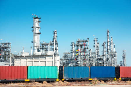 Crude Oil and Gas Refinery Plant of Manufacturing Petrochemical, Process Production Line of Oil/Gas Industry. Processing Oil Product Building of Chemical Petroleum Factory, Heavy Industrial Sector.の写真素材
