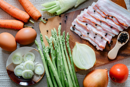 Food Ingredient for Nutrition Healthy Selection, Vegetables and Meat for Good Health Concept. Food Ingredients of Raw Vegetable and Meats Preparation for Cooking. Menu Nutrient Selection for Healthの写真素材