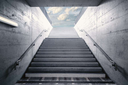 Staircase With Ladder Handrail Structure of Underground Walkway, Perspective Empty Staircase With Structural Concrete Design of Urban Stairway. Detail Entrance and Exit Stair of Underground Streetの写真素材