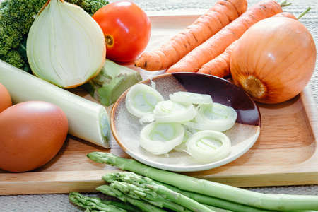 Food Ingredient for Nutrition Healthy Selection, Vegetables and Meat for Good Health Concept. Food Ingredients of Raw Vegetable and Meats Preparation for Cooking. Menu Nutrient Selection for Healthの写真素材