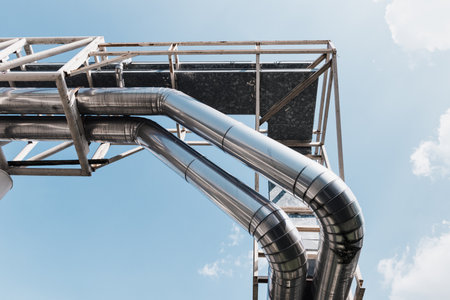 Cooling Chiller Systems or Steam Pipeline and Insulation of Manufacturing Oil and Gas Industrial, Petrochemical Distribution Pipe at Refinery Plant. HVAC Overhead Steel Pipes of Cooling Chiller Systemの写真素材