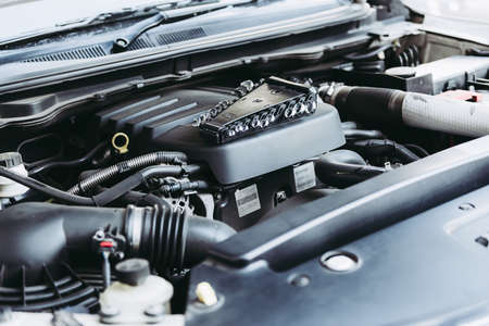 Car Engine Checkup and Auto Car Service, Automotive Workshop and Maintenance Vehicle Car Engines. Business Automobile Maintenance Repair Defective Part Equipments of Car Services Station.の写真素材