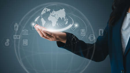 Technology Internet Banking, Digital Transaction Network Concept. Business Woman Accessing Online...