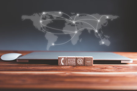 Customer Contact Support Banner Via Telephone Call, Mail, E-Mail, Website and Message Chat. Contact Information of Company for Feedback Services, Business Help Contact for Customers. Corporate Infoの写真素材