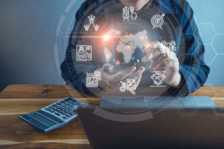 Business Technology Digital and Strategy Management Plan Concept. Business Woman is Vision Planning for Marketing Strategies on Smartphone With Interface Future Innovation Network. Business Technologyの写真素材