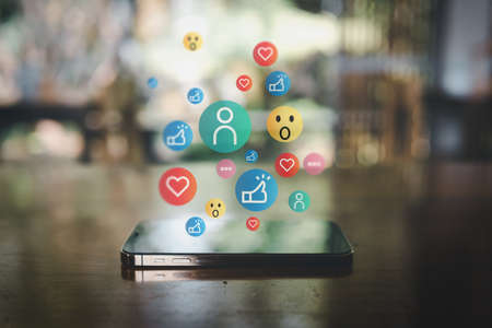Social Media Network Community Connection Concept, Technology Communication Mobile Phone. Social Media Icons for Smartphone Device of Digital Network Information. Technology Media Phone Marketingの写真素材