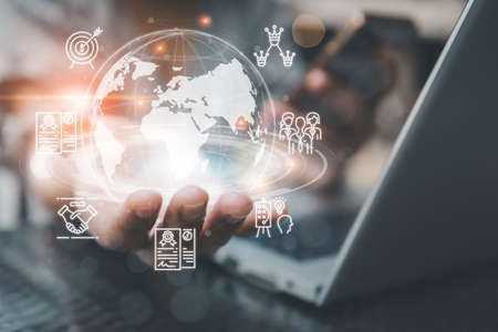 Business Strategy Planning on Technology Virtual Connection Concept, Businesswoman Hand Holding Virtual Global Internet for Digital Marketing on Network Connecting Innovation. Business Technologyの写真素材