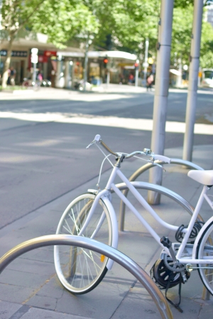 parked bicycle in the cityの写真素材