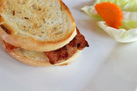 breakfast with toasted bread and hamの写真素材