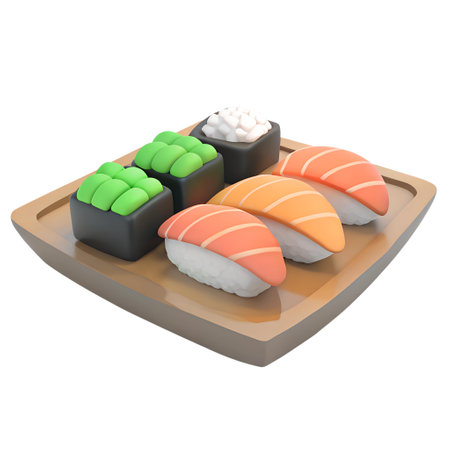 A simple 3D cartoon-style render of a sushi roll, isolated on a white background.の写真素材