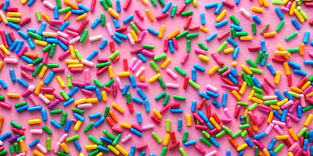 A vibrant and playful image featuring a pink background covered with colorful confetti, creating a festive and celebratory atmosphere.の写真素材