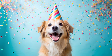 A fluffy dog wearing a colorful party hat, smiling happily.の写真素材