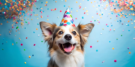 A joyful, fluffy dog with a bright, colorful party hat on its head.の写真素材