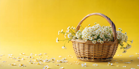 A wicker basket overflowing with delicate white flowers, creating a charming and rustic display.の写真素材