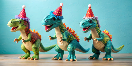 Three toy dinosaurs wearing festive clothing, standing together. The dinosaurs are dressed in a...
