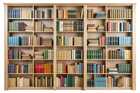 A wooden bookshelf filled with a variety of books, arranged neatly and organized.