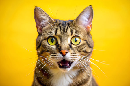 A close-up portrait of a cat with bright yellow eyes. The cat is looking directly at the camera, with its fur and whiskers clearly visible.の写真素材
