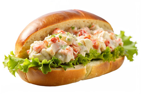 A classic New England lobster roll featuring a soft, buttered bun filled with fresh lobster meat.の写真素材