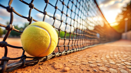 A close-up shot of a bright yellow tennis ball caught in a net, showcasing the texture of the ball and the net's intricate weave.の写真素材