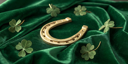 A gold horseshoe rests on luxurious green velvet, surrounded by four-leaf clovers. St. Patrick's Day concept.の写真素材