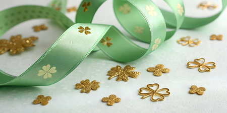Green ribbon with gold shamrocks and confetti. Festive decoration for St. Patrick's Day.の写真素材